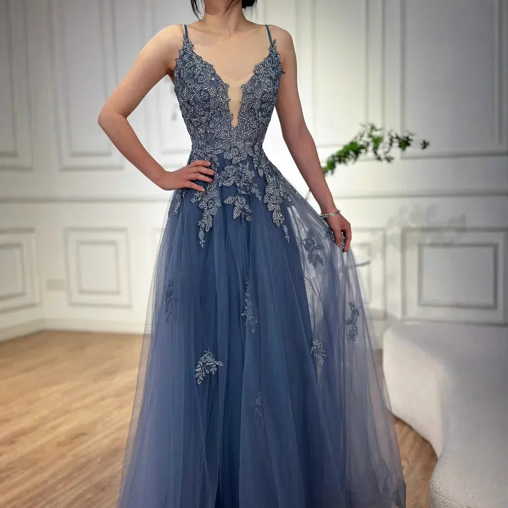 Luxury Sage Green Lace A-Line Prom Dress with Spaghetti Straps