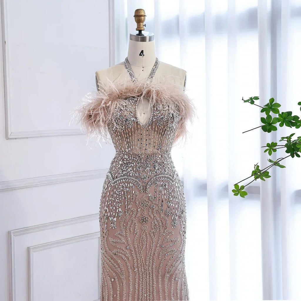 Luxury Nude Halter Feather Crystal Evening Dress