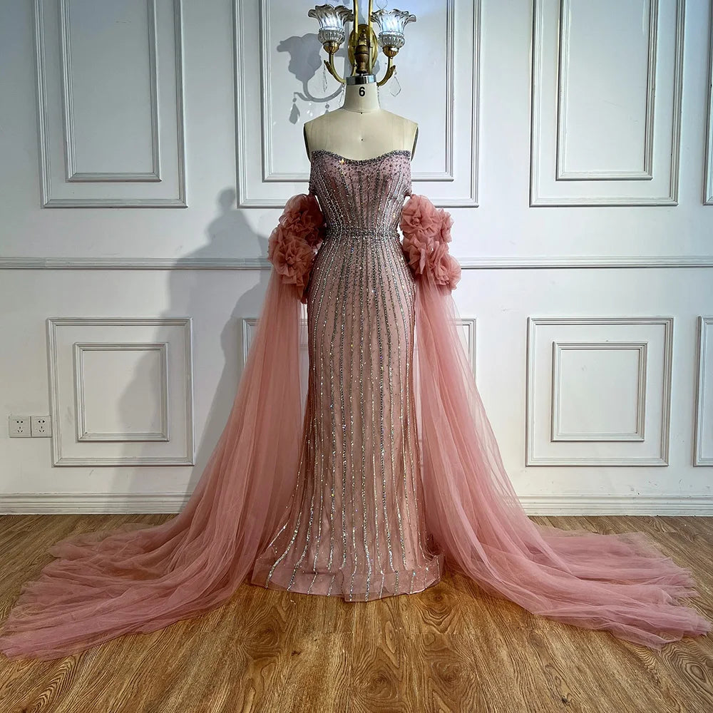 Luxury Pink Beaded Mermaid  Arabic Evening Dress with Cape