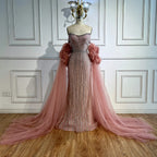 Luxury Pink Beaded Mermaid  Arabic Evening Dress with Cape