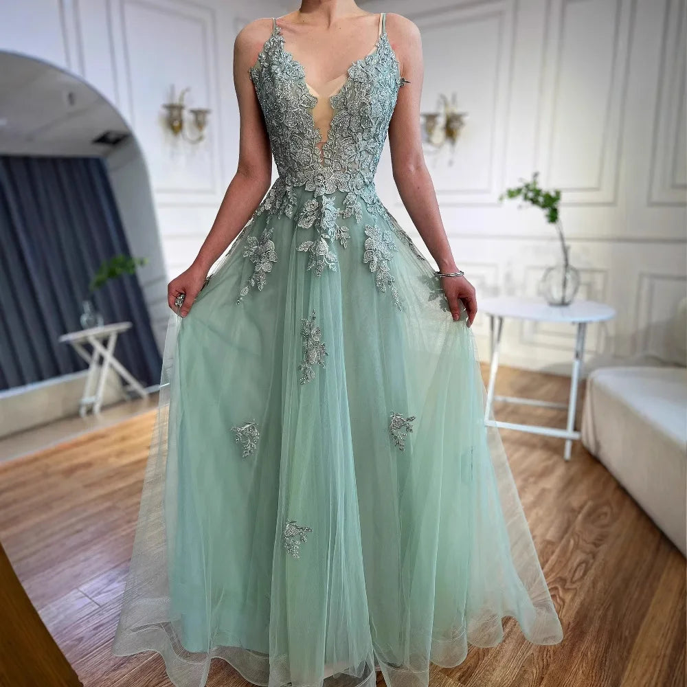 Luxury Sage Green Lace A-Line Prom Dress with Spaghetti Straps