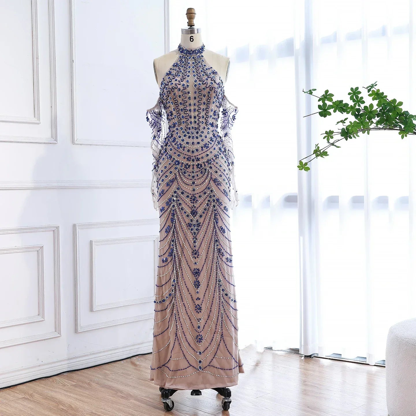Luxury Kosovo Blue Evening Dress With Gloves