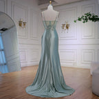 Luxury Mint Green Satin Beaded Prom Dress with Slit LA72995