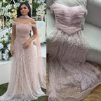 Luxury Arabic Pink Pearls Beaded Evening Dress With Cape