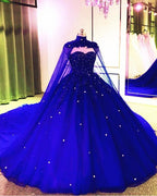 Royal Blue Tulle Ball Gown Prom Dress With Cape  S8255