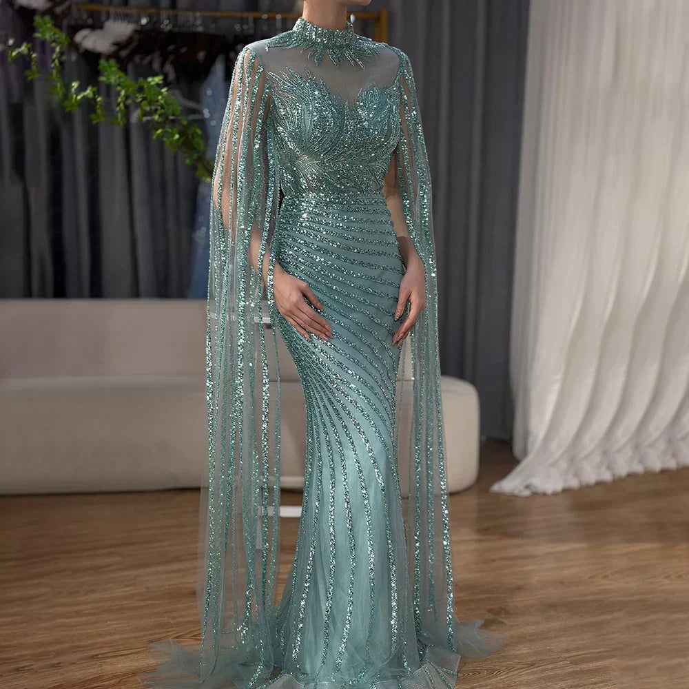 Luxury Dubai  Arabic Nude Mermaid Long Evening Dresses  With Cape