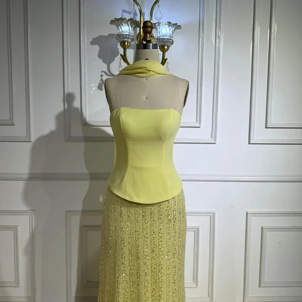 Luxury Yellow Chiffon Mermaid Evening Dress with Cape LA73007