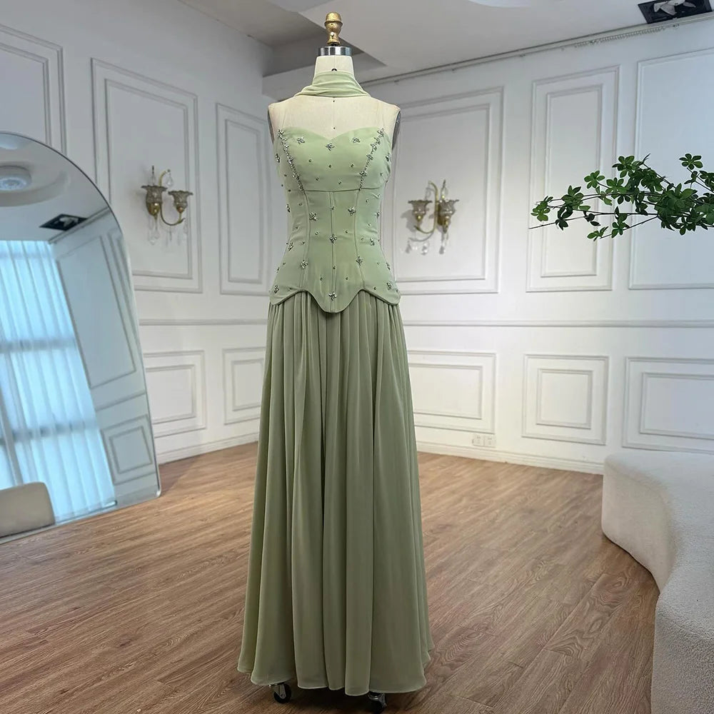 Classy Sage Green   A-Line Chiffon Evening Dress