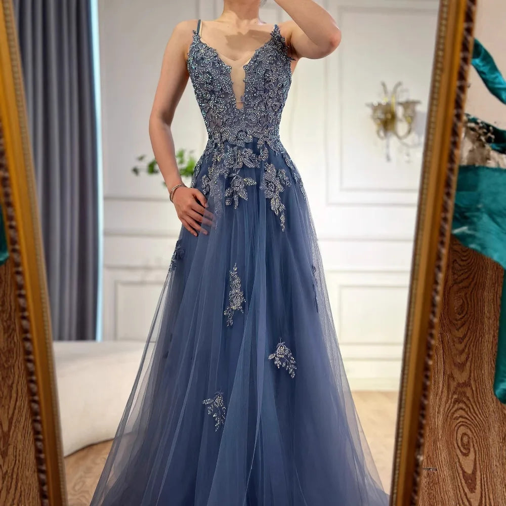 Luxury Sage Green Lace A-Line Prom Dress with Spaghetti Straps