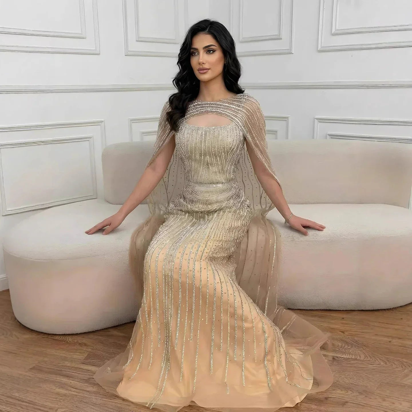 Luxury Blue Diamond Evening Dress With Cape