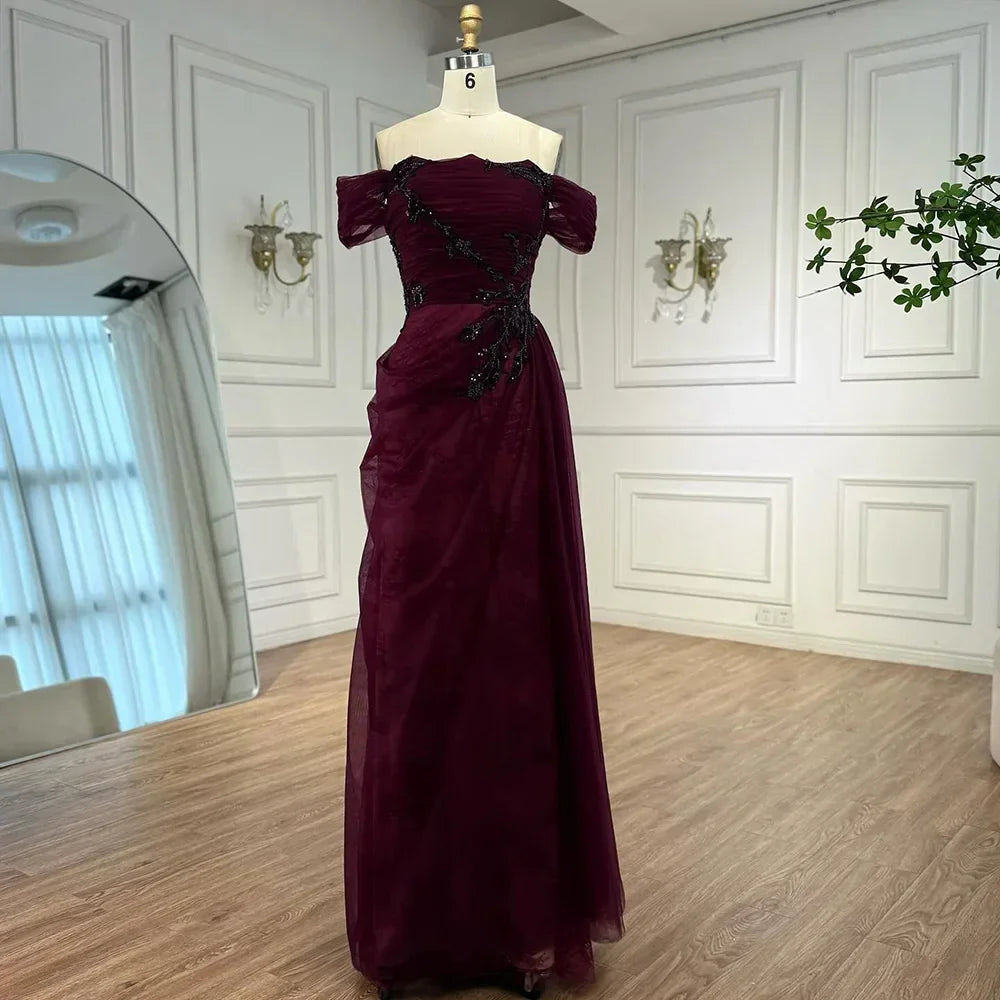 Elegant Wine Red Off Shoulder Lace Evening Dress with Appliques