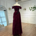 Elegant Wine Red Off Shoulder Lace Evening Dress with Appliques