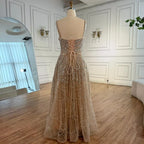 Luxury Nude A-Line Evening Dress with Pearls and Crystals