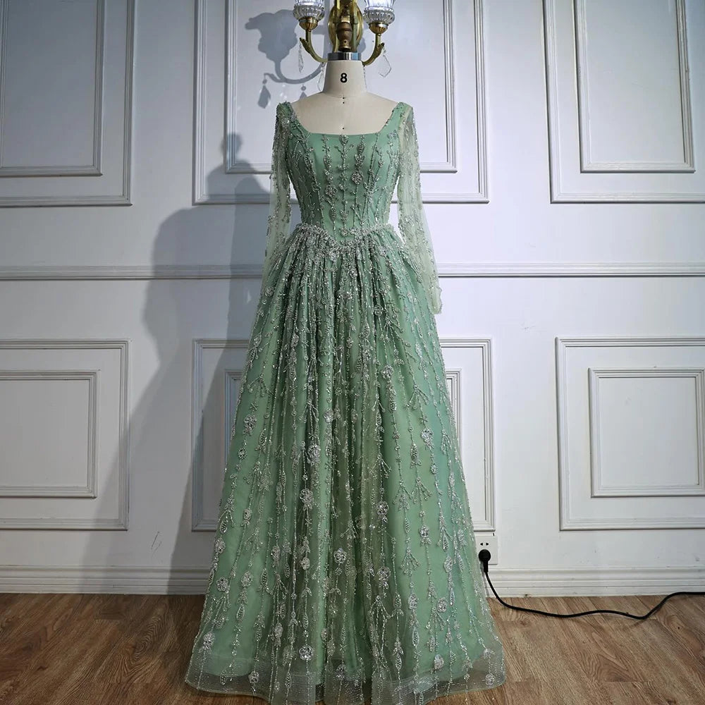 Luxury Sage Green Beaded Evening Dress with Long Sleeves