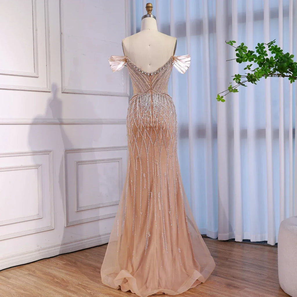 Luxury Nude Off Shoulder Beaded Tassel Evening Dress