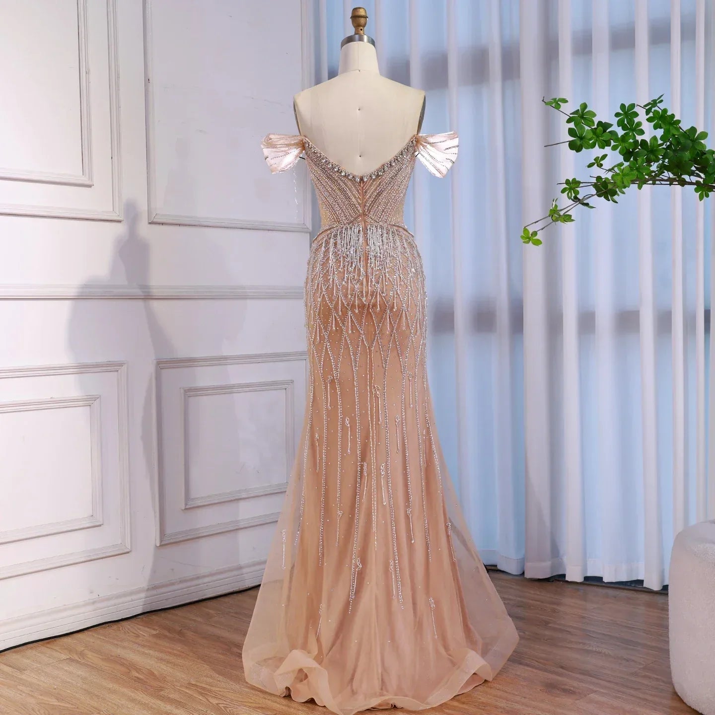 Luxury Nude Off Shoulder Beaded Tassel Evening Dress