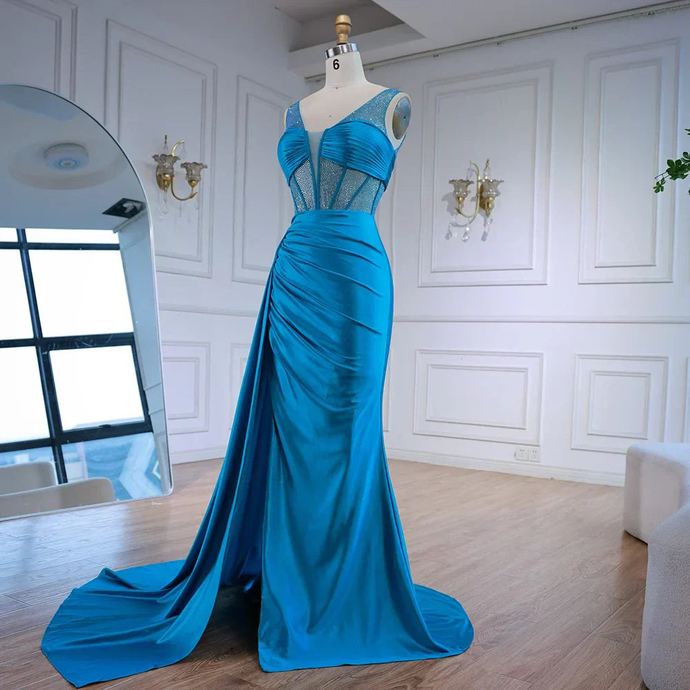 Blue Prom Dress with Side Overskirt Spaghetti Straps