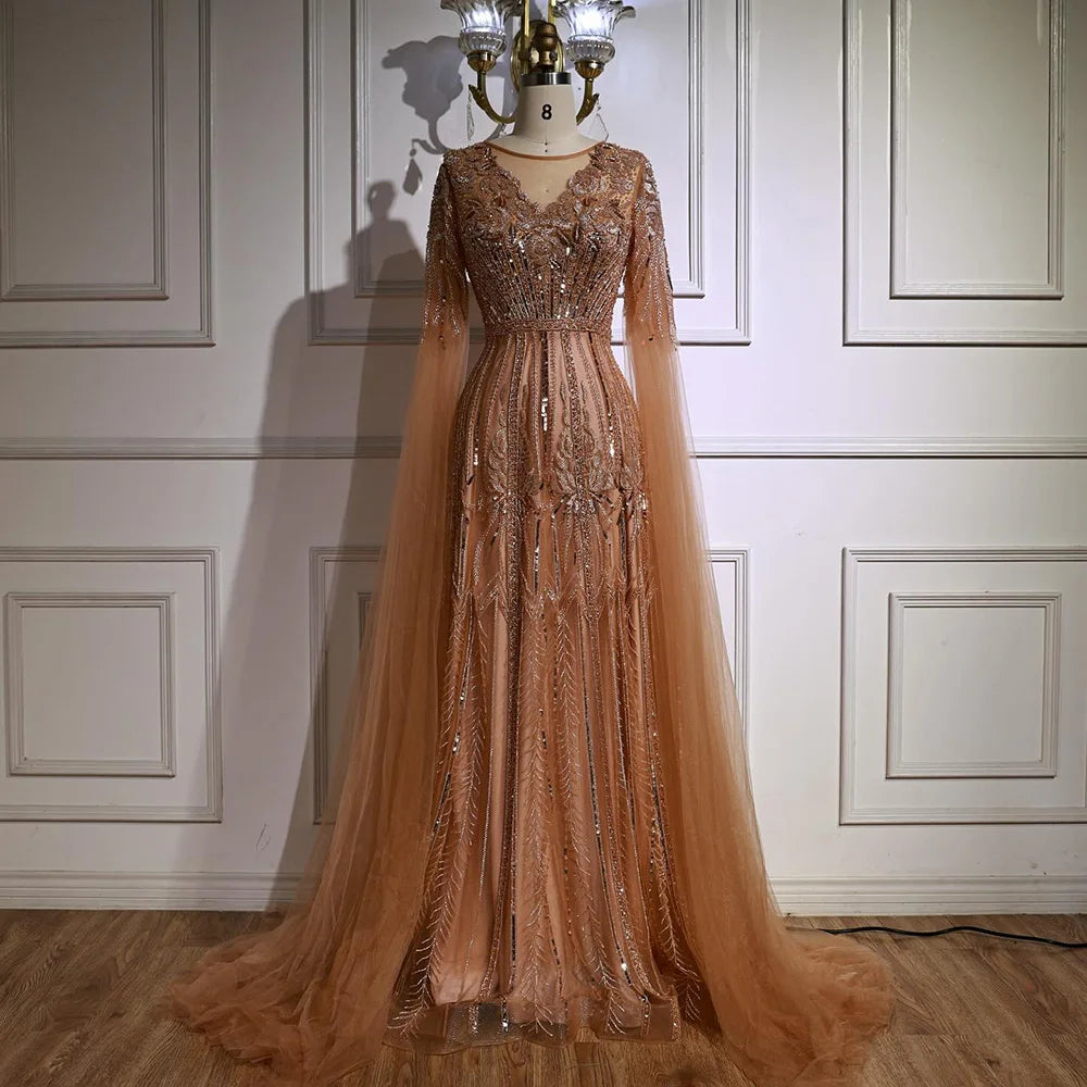 Elegant Beaded A-Line Evening Dress with Cape Sleeves