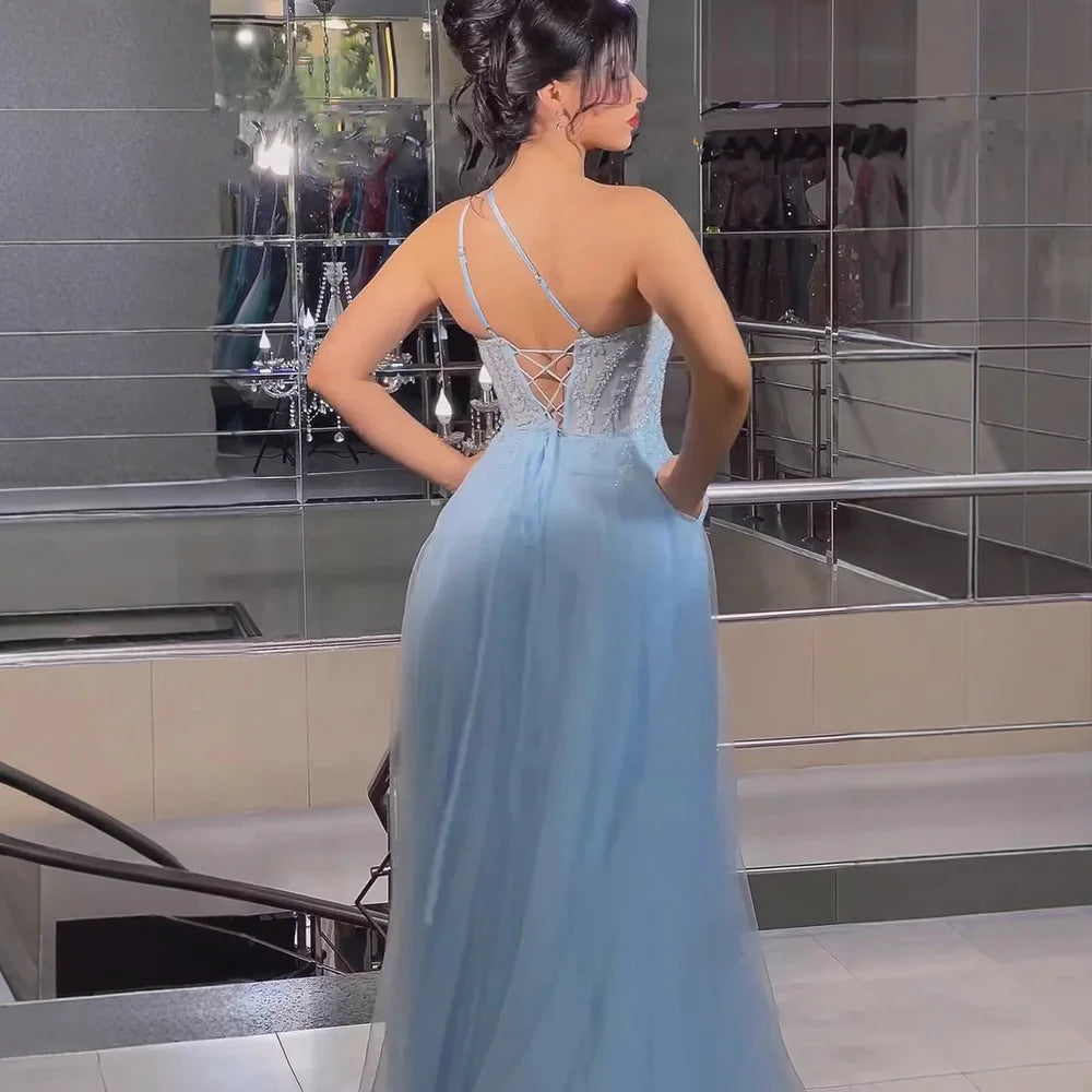 Serene Hill  Blue Spaghetti Strap A Line One Shoulder Prom Dress