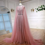 Luxury Elegant Pink Beaded Evening Dress with Cape