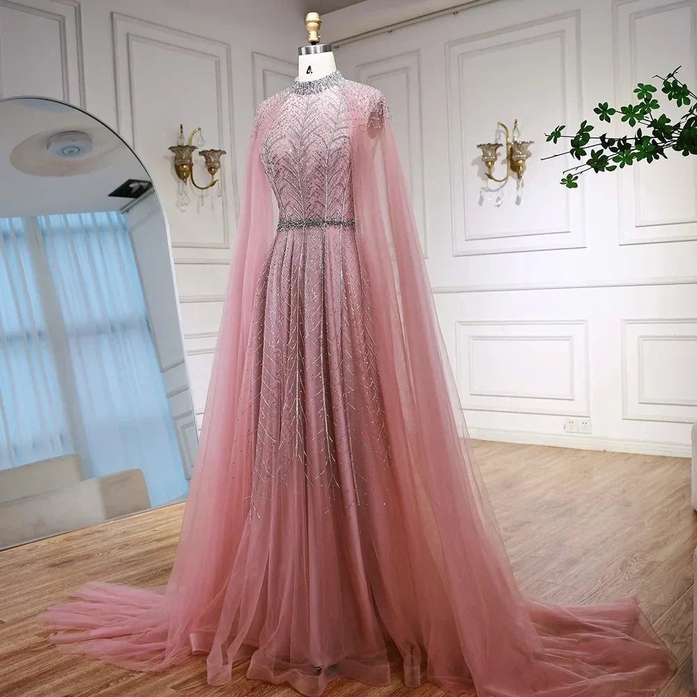 Luxury Elegant Pink Beaded Evening Dress with Cape