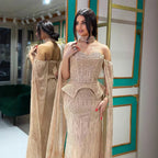 Luxury Gray Beaded Off-Shoulder Evening Dress with Cape Sleeves
