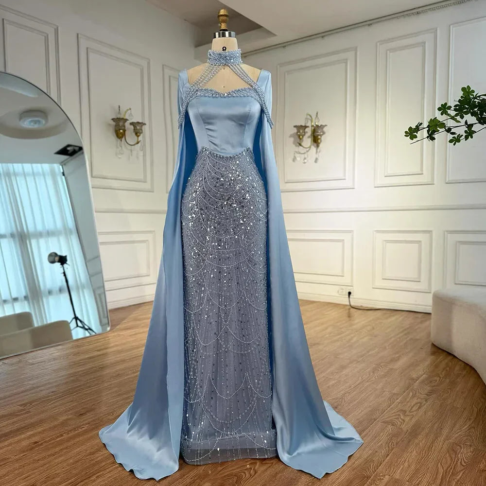 Luxury Arabic Pearls Pink Evening Dress with Cape