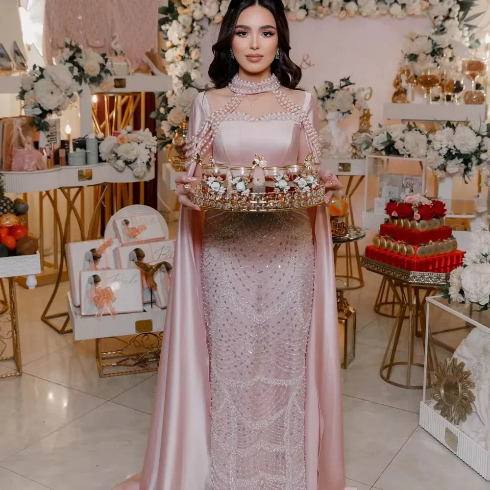 Luxury Arabic Pearls Pink Evening Dress with Cape