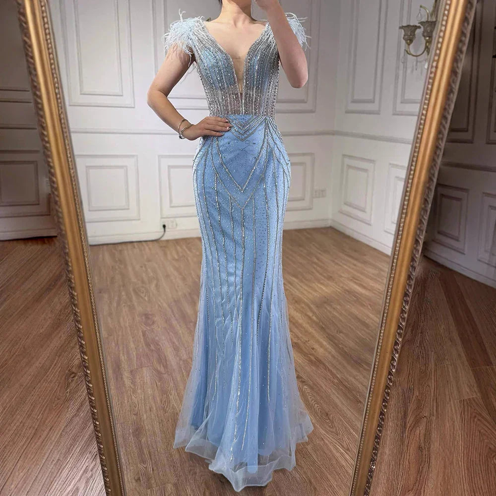 Luxury Dubai Blue Mermaid Evening Dress with Pearls and Feathers