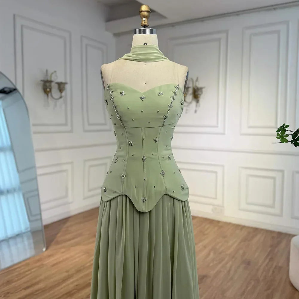 Classy Sage Green   A-Line Chiffon Evening Dress