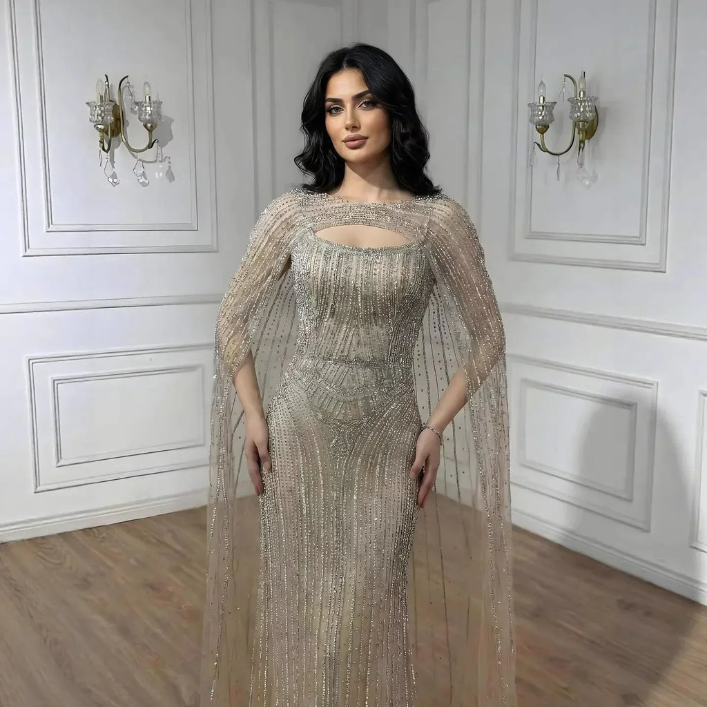 Luxury Blue Diamond Evening Dress With Cape