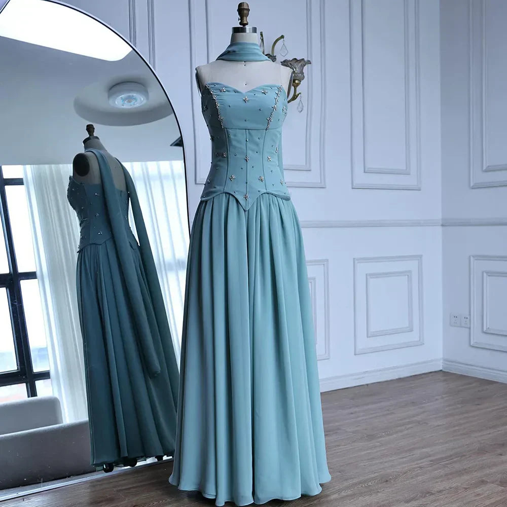 Classy Sage Green   A-Line Chiffon Evening Dress