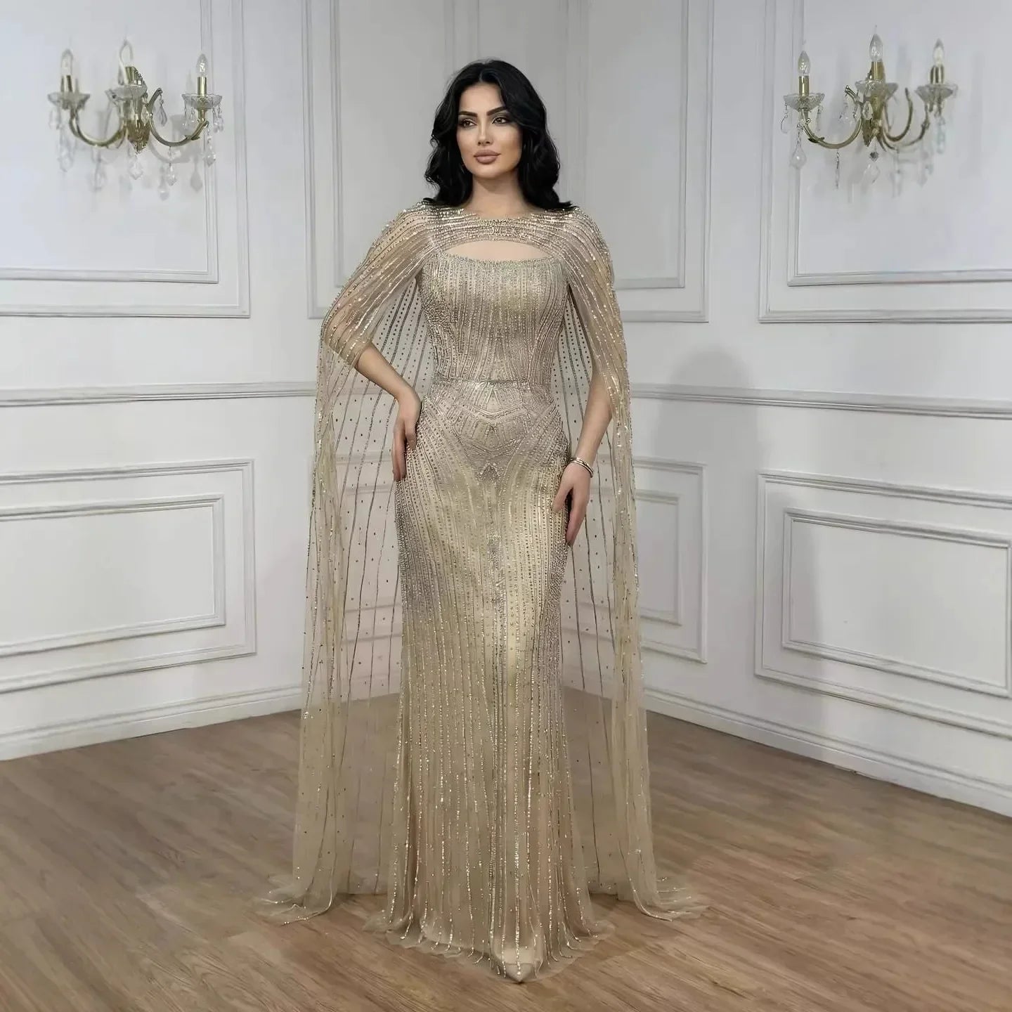 Luxury Blue Diamond Evening Dress With Cape