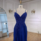 Luxury Navy Blue Lace Slit Prom Dress with Spaghetti Straps