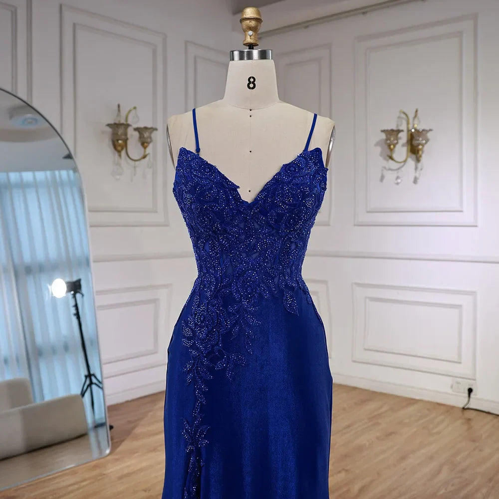 Luxury Navy Blue Lace Slit Prom Dress with Spaghetti Straps