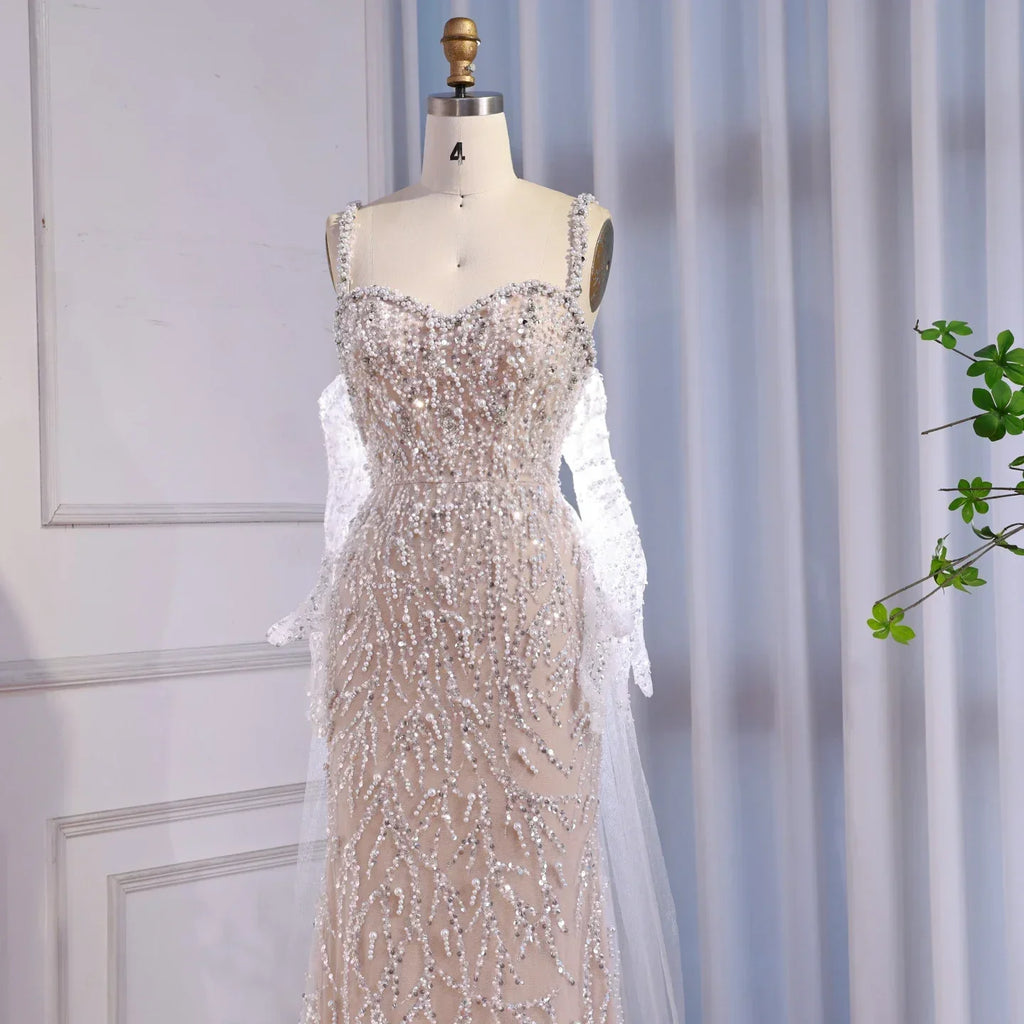 Luxury Lace Pearls Mermaid Evening Dress With Glove White Nude