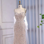 Luxury Lace Pearls Mermaid Evening Dress With Glove White Nude