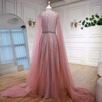Luxury Elegant Pink Beaded Evening Dress with Cape