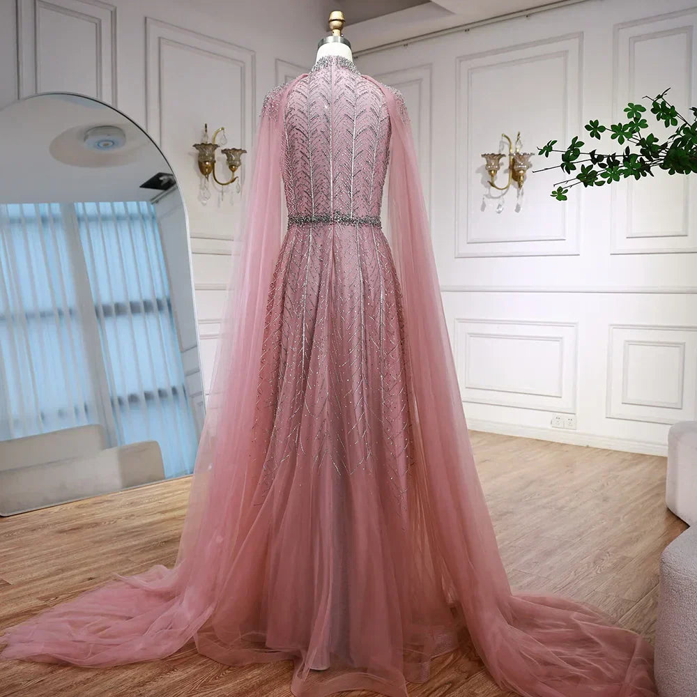 Luxury Elegant Pink Beaded Evening Dress with Cape