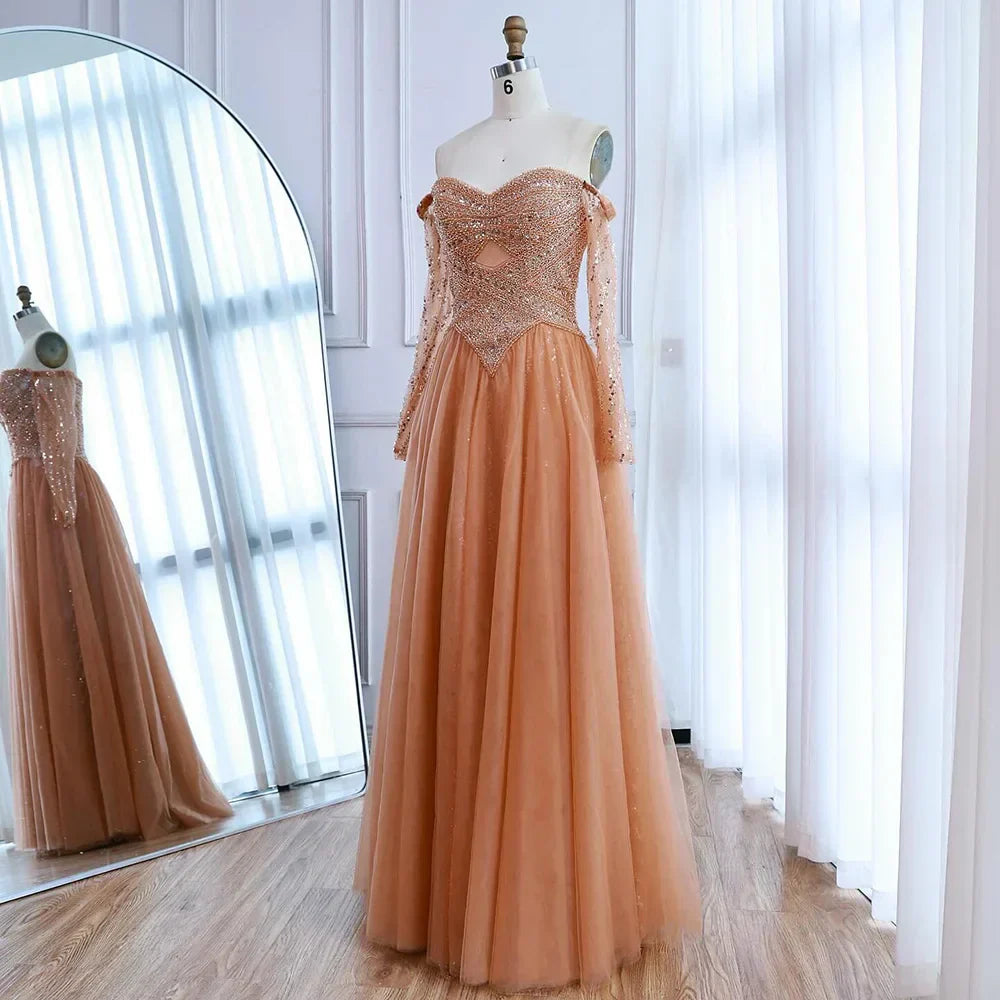 Luxury Nude Off Shoulder A-Line Beaded Evening Dress