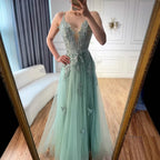 Luxury Sage Green Lace A-Line Prom Dress with Spaghetti Straps