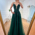 Luxury Sage Green Lace A-Line Prom Dress with Spaghetti Straps