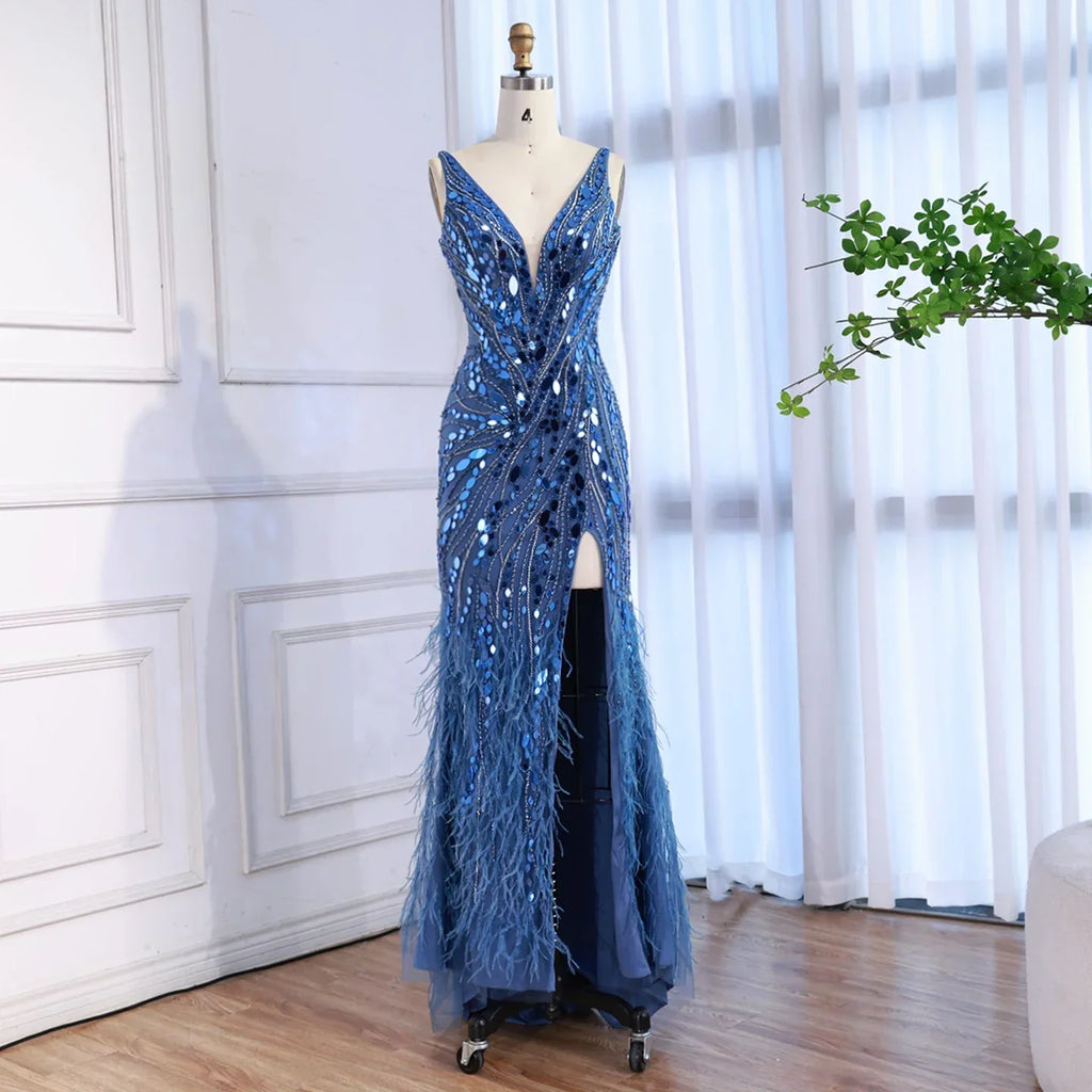 Luxury Blue Beaded Feather Mermaid Evening Dress