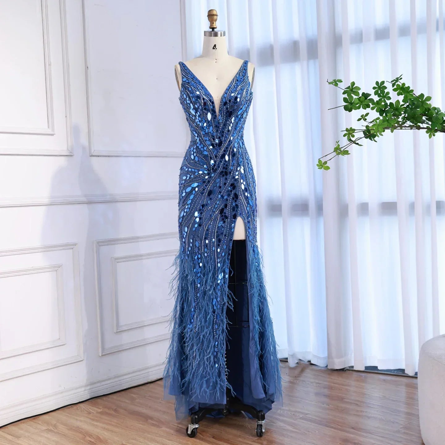 Luxury Blue Beaded Feather Mermaid Evening Dress