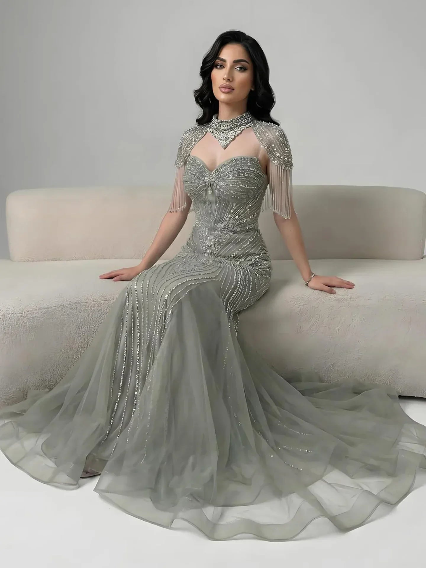 Luxury Nude Beaded High Neck Mermaid Evening Dress LA72897