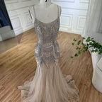 Luxury Nude Pink Crystal Tassel Mermaid Evening Dress