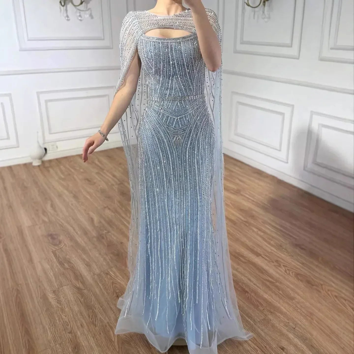 Luxury Blue Diamond Evening Dress With Cape