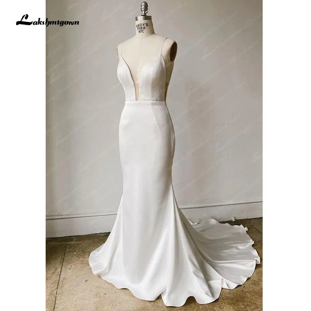 NumberSea Simple Satin Wedding Dress Spaghetti Straps Long Train Backless Buttons Draped Trailing V Neck Bridal Gowns