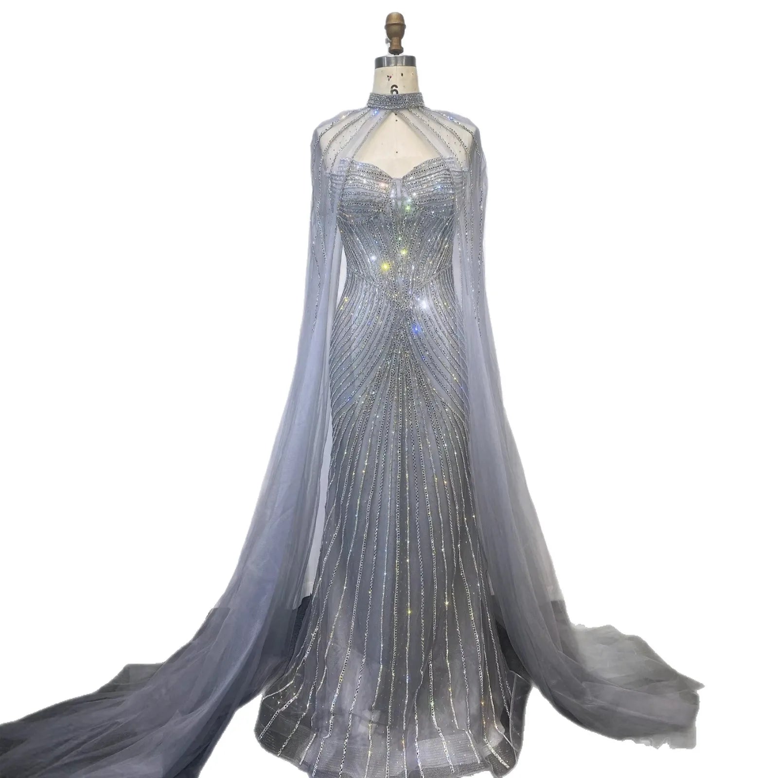 Luxury Nude Mermaid Evening Dress with Cape Sleeves