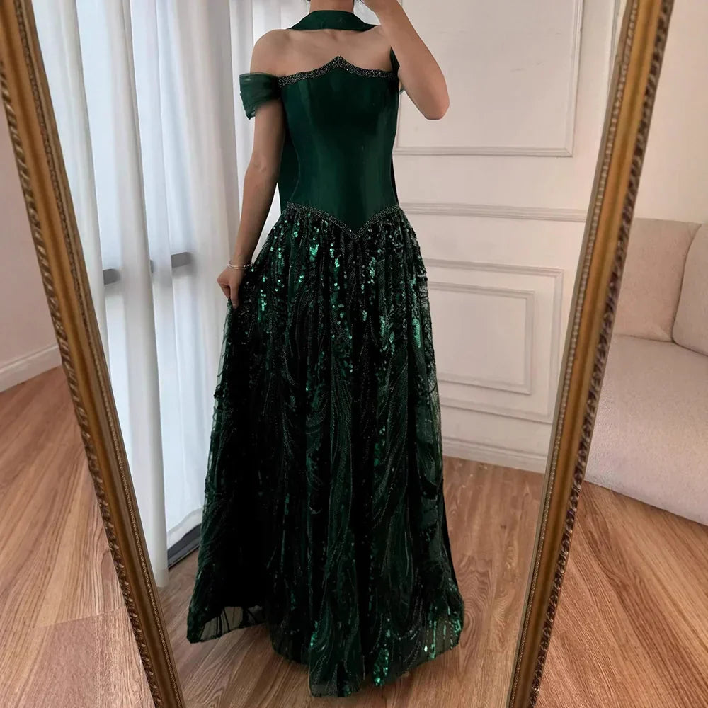 Luxury Arabic Navy A-Line Evening Dress with Beaded